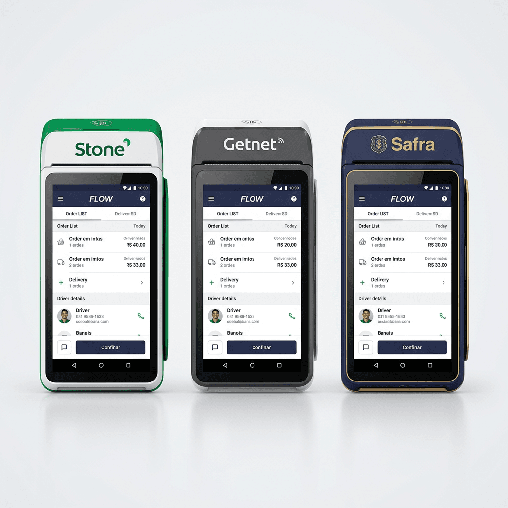 Trio de maquininhas SmartPOS com o FLOW rodando na operação